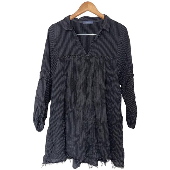 Pinstriped flared cut linen mini dress with puff sleeves. Goth cottagecore - Picture 1 of 6